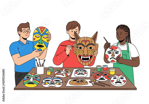 Theatrical mask painting process by three people in a creative and dramatic setting. Suitable for theater posters and art.