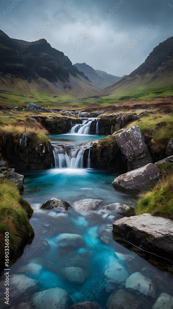 Fototapeta premium Enchanting turquoise river cascading down mountains in Iceland's serene landscape, perfect for travel