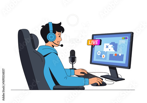 Person live streams or games at computer station setup. Suitable for tech, streaming, gaming, esports, online content creation concepts.