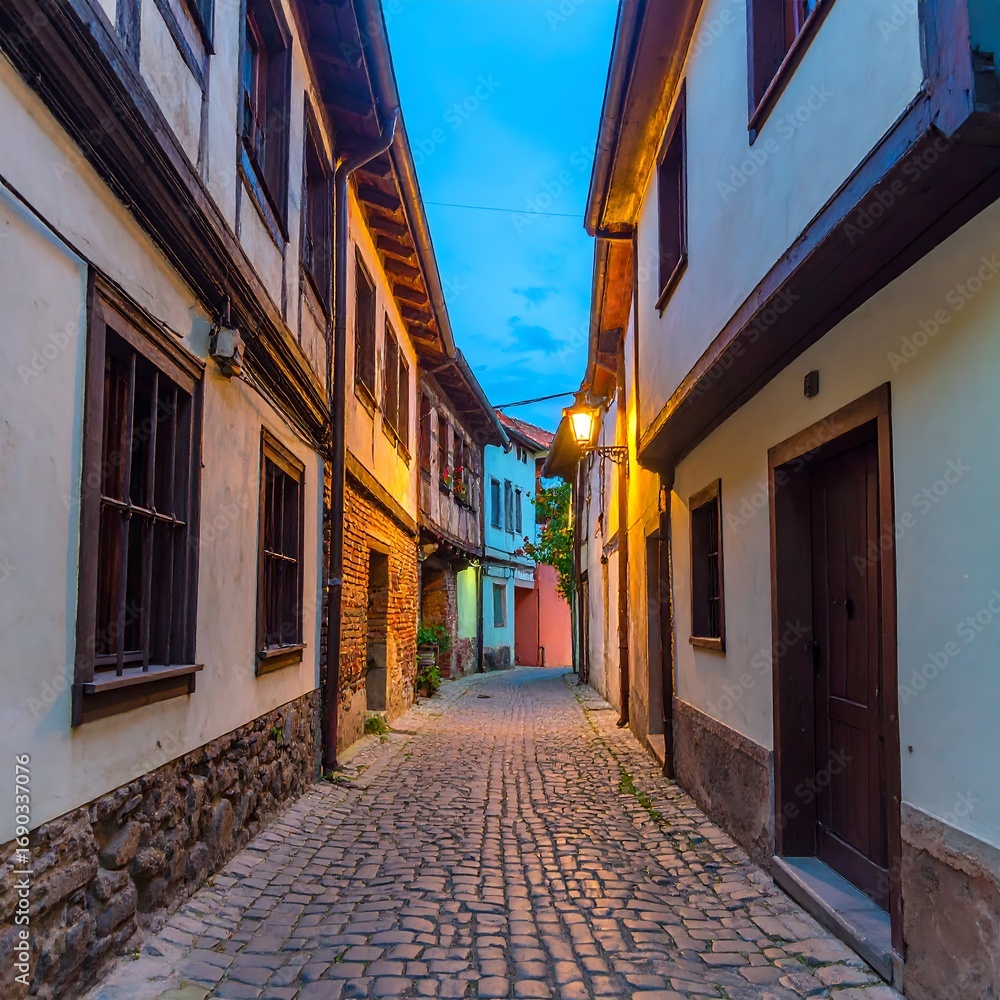 Fototapeta premium Old European cobblestone street at twilight