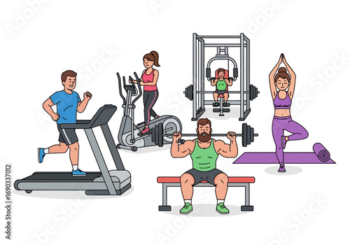 People using gym equipment for cardio, weightlifting, and yoga exercises indoors. Suitable for fitness, gym, exercise, lifestyle, wellness concepts.