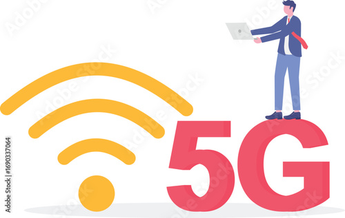 Ethernet connection, 5g network, NFC connection concept with tiny people.

