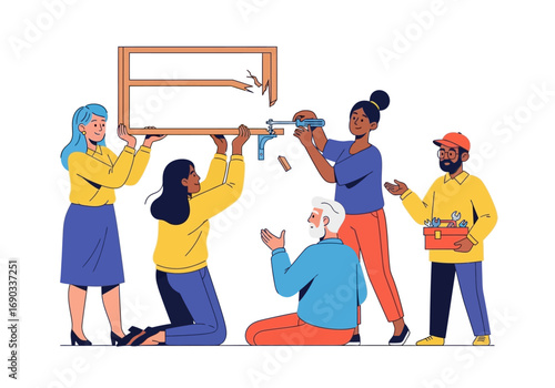 Diverse team repairs broken wooden frame together. Suitable for teamwork, collaboration, diy, renovation, unity concepts in designs and projects.