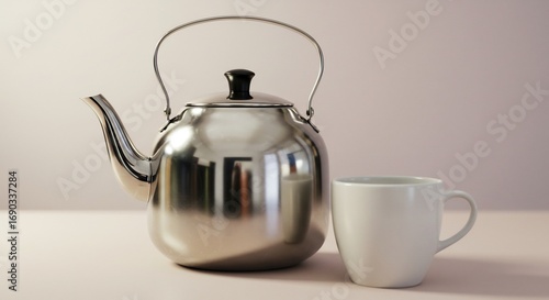 Glanzend theepot reflecteert zacht licht op wit kopje. AI Generated