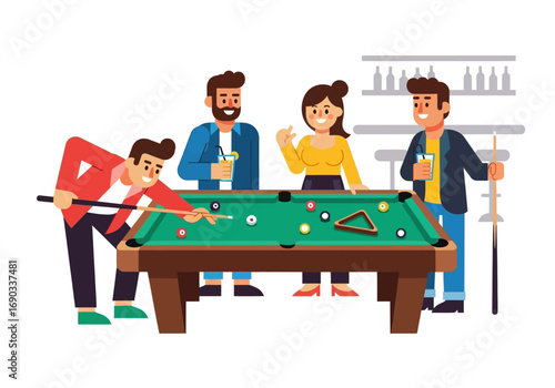 Group of friends having a great time playing pool at a bar, enjoying drinks and good company. Socializing, recreation, nightlife concepts.