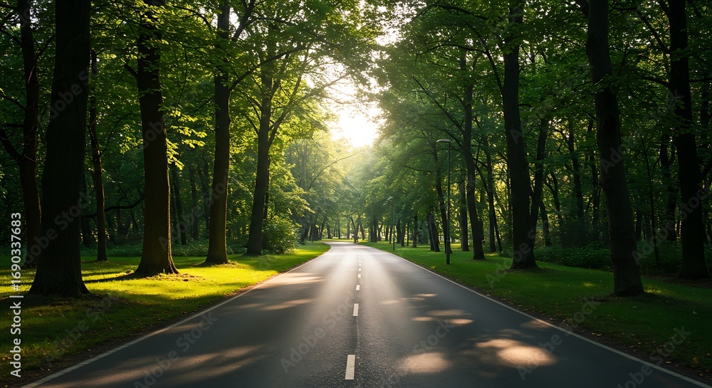 Fototapeta premium Sunlit Road Through Lush Forest.