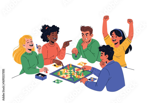 Five friends enjoy playing a board game together, demonstrating fun bonding moment, suitable for social gathering, leisure, friendship concept visuals.