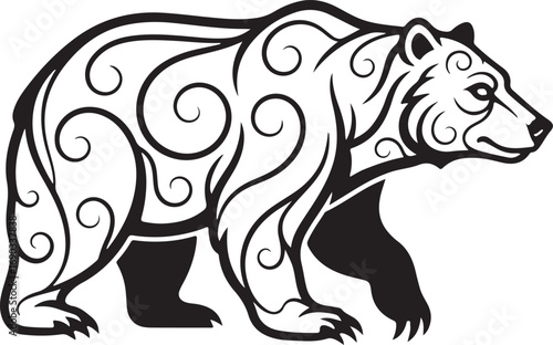 A stylized illustration of a bear decorated with swirls and patterns. The design is intricate and suitable for tattoo or decorative purposes. Isolated on white.