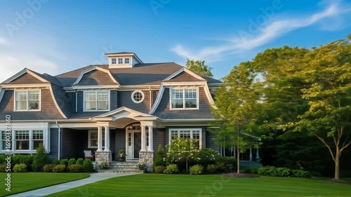 Elegant dark gray home with dormers and a stone walkway under a bright sky