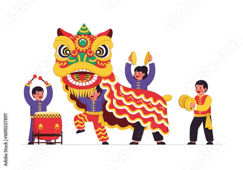 People performing chinese lion dance with instruments for cultural celebrations. Perfect for websites, event promotions, cultural articles and marketing materials.