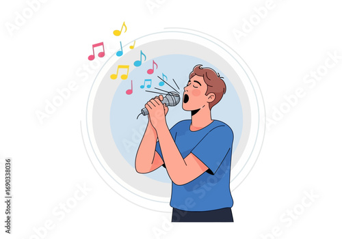 Man sings into a microphone with musical notes above his head. Ideal for musicrelated designs, advertising, and promotional materials.