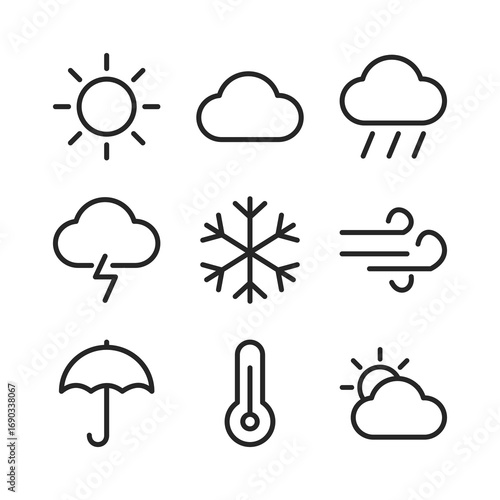 Black outline icons representing various weather conditions. Includes sun, cloud, rain, snow, wind, storm, umbrella, thermometer, and more. Perfect for apps and forecast design