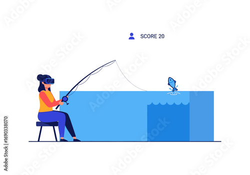 Immersive vr experience of woman fishing in game. Perfect for virtual reality gaming concepts, technology, simulations, and futuristic themes.