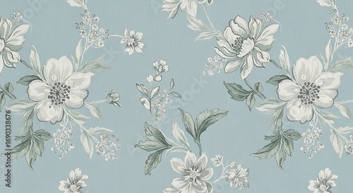 Seamless floral pattern with white flowers on blue textured background