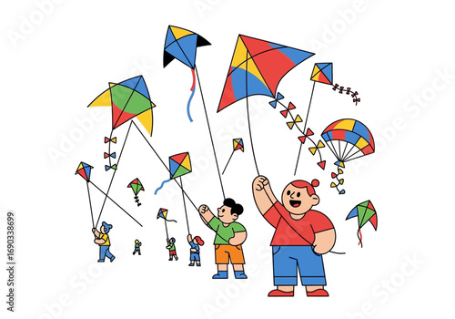 Details visually resemble children flying kites on a sunny day perfect for summerthemed designs, educational materials, or recreational concepts.