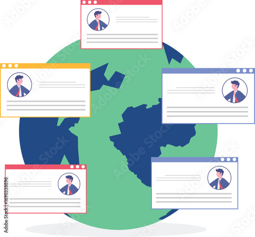 Social network monitoring, competitive analysis, regular blog posts concept with tiny people.
