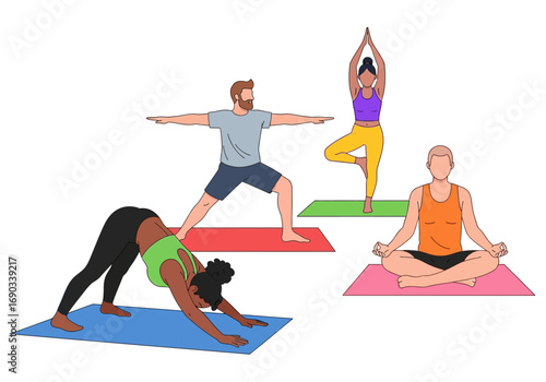 Four people practicing yoga poses on colored mats. Ideal for wellness blogs, fitness websites, yoga studios, and healthrelated designs.
