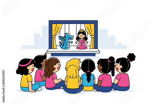Group of kids enchanted by puppet show featuring dragon and princess. Perfect for childrens entertainment or storytelling concepts.