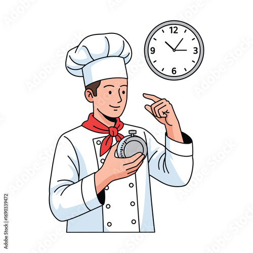 Chef checking time, kitchen timer, cartoon style, cooking concept