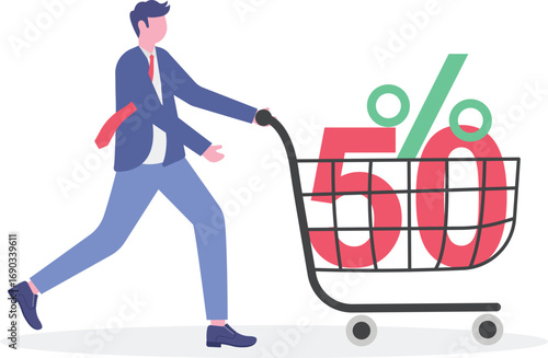 Young woman with shopping cart trolley and 50% discount price tag

