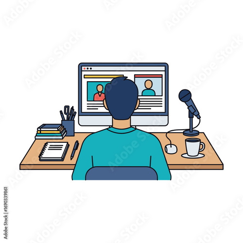 Man on Video Conference Call, Modern Flat Design, Productive Workspace