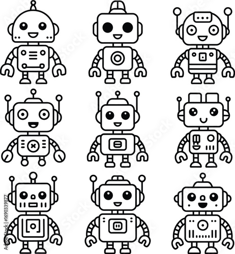 (124)Cartoon Robot Doodle Set – Black and White Vector Illustrations of Playful Robots with Antennas, Screens, and Unique Shapes