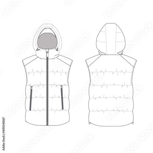 Puffer vest jacket with hoodies flat sketch.