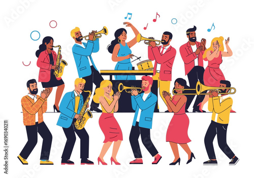 Group of happy musicians playing jazz and dancing together in colorful clothing. Suitable for music events promotion or artistic designs.