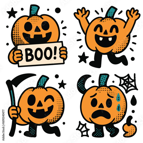 Playful Halloween pumpkins with various expressions and poses