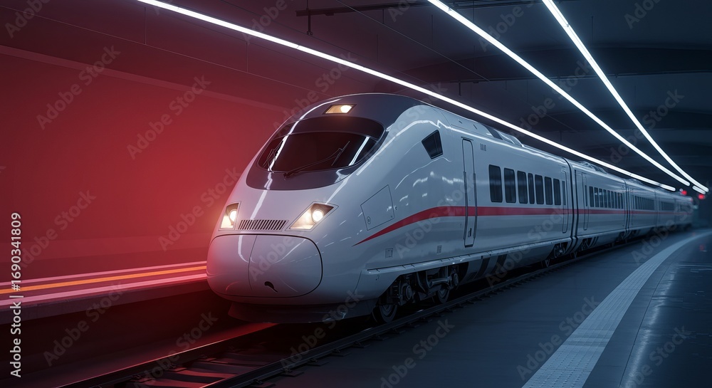 Naklejka premium Modern high speed train in tunnel with neon lights in the background