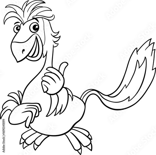 cartoon Caudipteryx or feathered dinosaur character coloring page