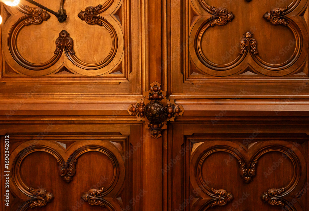 brown wooden door with intricate carved patterns and classical decorative details background texture