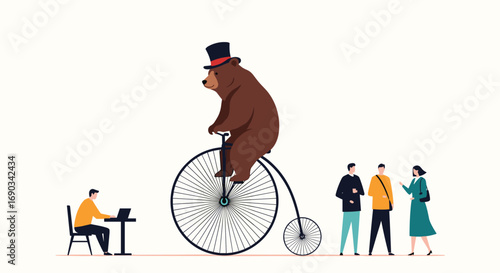 Bear in top hat cycling penny-farthing bike for business success while people watch