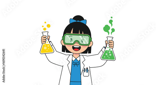 Excited young scientist in lab coat conducts colorful experiments with bubbling beakers, inspiring discovery