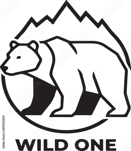 Illustration of a bear with mountains isolated on white background, wild one text