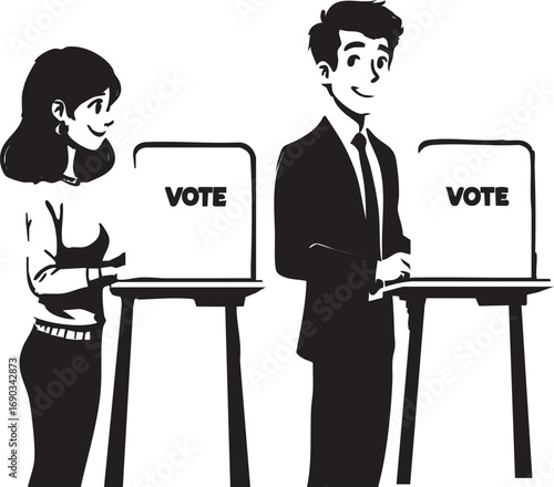 Man and Woman Voting Graphic with Ballot Boxes