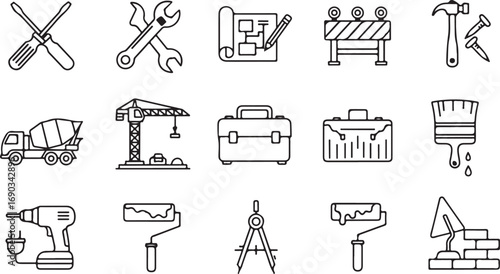 Construction and DIY tools line art icons on white background screwdriver wrench