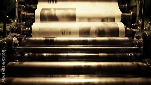 Old Printing Press Machine In Action Printing Newspapers with Mechanical Gears and Metallic Parts Under Low Light