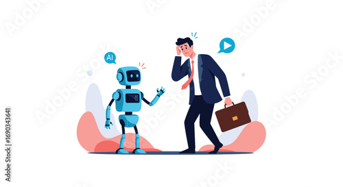 Worried businessman confronts helpful AI robot, facing future business challenges together