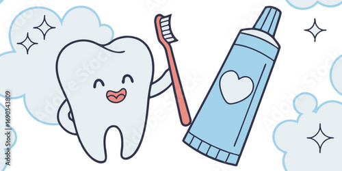 Create a realistic image of a healthy human tooth standing upright, holding a toothbrush in one hand and a tube of toothpaste in the other. The tooth has a smiling human-like expression and looks clea