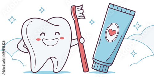 Create a realistic image of a healthy human tooth standing upright, holding a toothbrush in one hand and a tube of toothpaste in the other. The tooth has a smiling human-like expression and looks clea