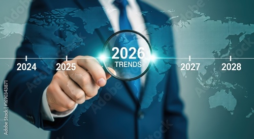 Illustration of businessman analyzing future trends with magnifying glass over 2026