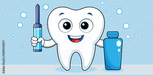 Create a realistic image of a healthy human tooth standing upright, holding a toothbrush in one hand and a tube of toothpaste in the other. The tooth has a smiling human-like expression and looks clea