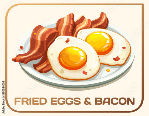 Isolated vector illustration of fried eggs and bacon. Cartoon icon of a classic breakfast plate of fried eggs and bacon. The two sunny side up eggs have golden yolks and crisp white whites.
