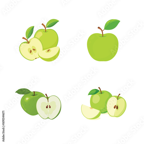 Green apples sliced whole fruit with leaves vector