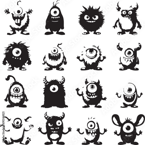 Set of Cute One-Eyed Monsters Vector Icons in a Hand-Drawn Style