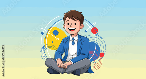 Happy young businessman in suit meditating, symbolizing success, growth, and positive outlook in business