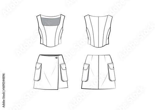 Women Corset Crop Top With Cargo Mini Wrap Skirt Matching Set, Front & Back View CAD, fashion flat sketch, Editable Flat Technical Drawings Illustration, Top Skirt Mock up