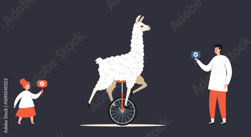 Whimsical llama skillfully balances on unicycle as audience holds approval signs