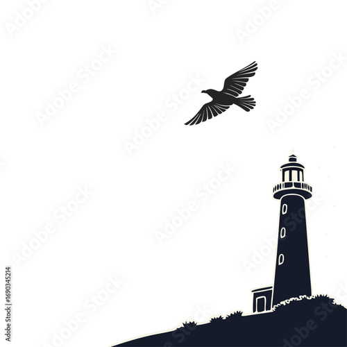 Minimal Lighthouse and Bird Silhouette for Coastal and Nautical Art Design.